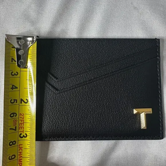 Tiffany & Co Black Leather Card Holder Wallet Gold T Logo Minimalist Luxury - Picture 10 of 11